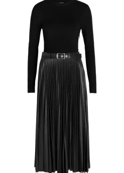 Abilene belted knit and faux leather midi dress