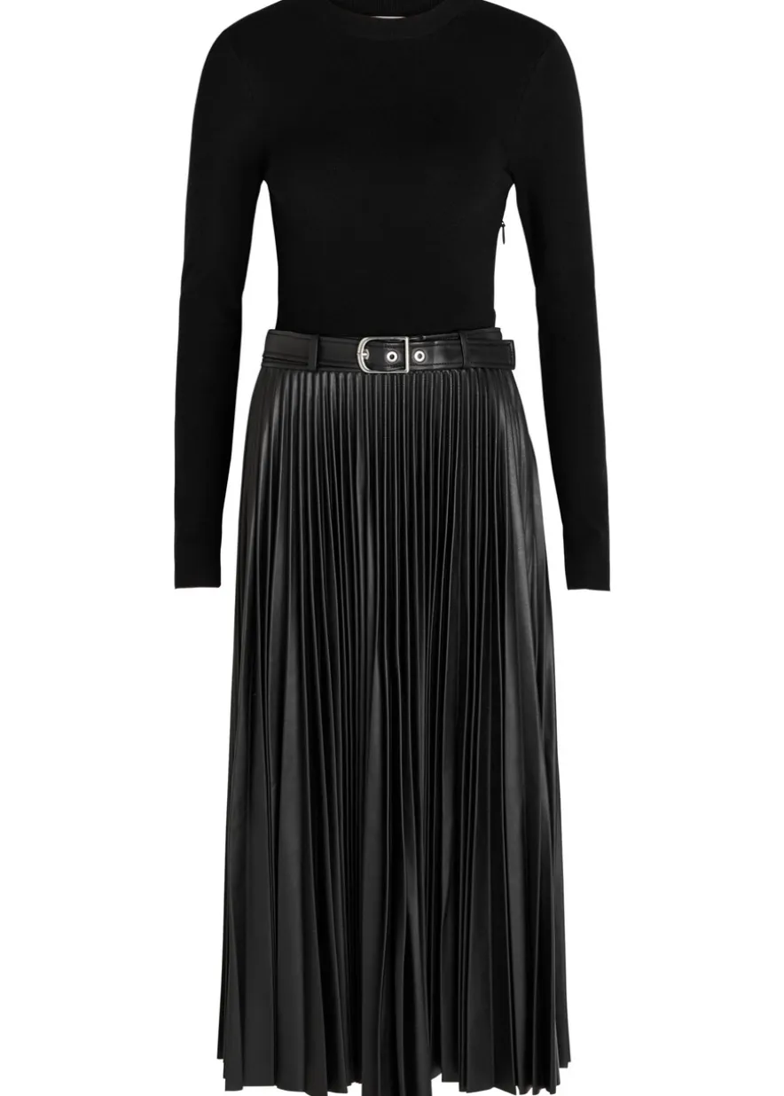 Abilene belted knit and faux leather midi dress