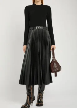 Abilene belted knit and faux leather midi dress