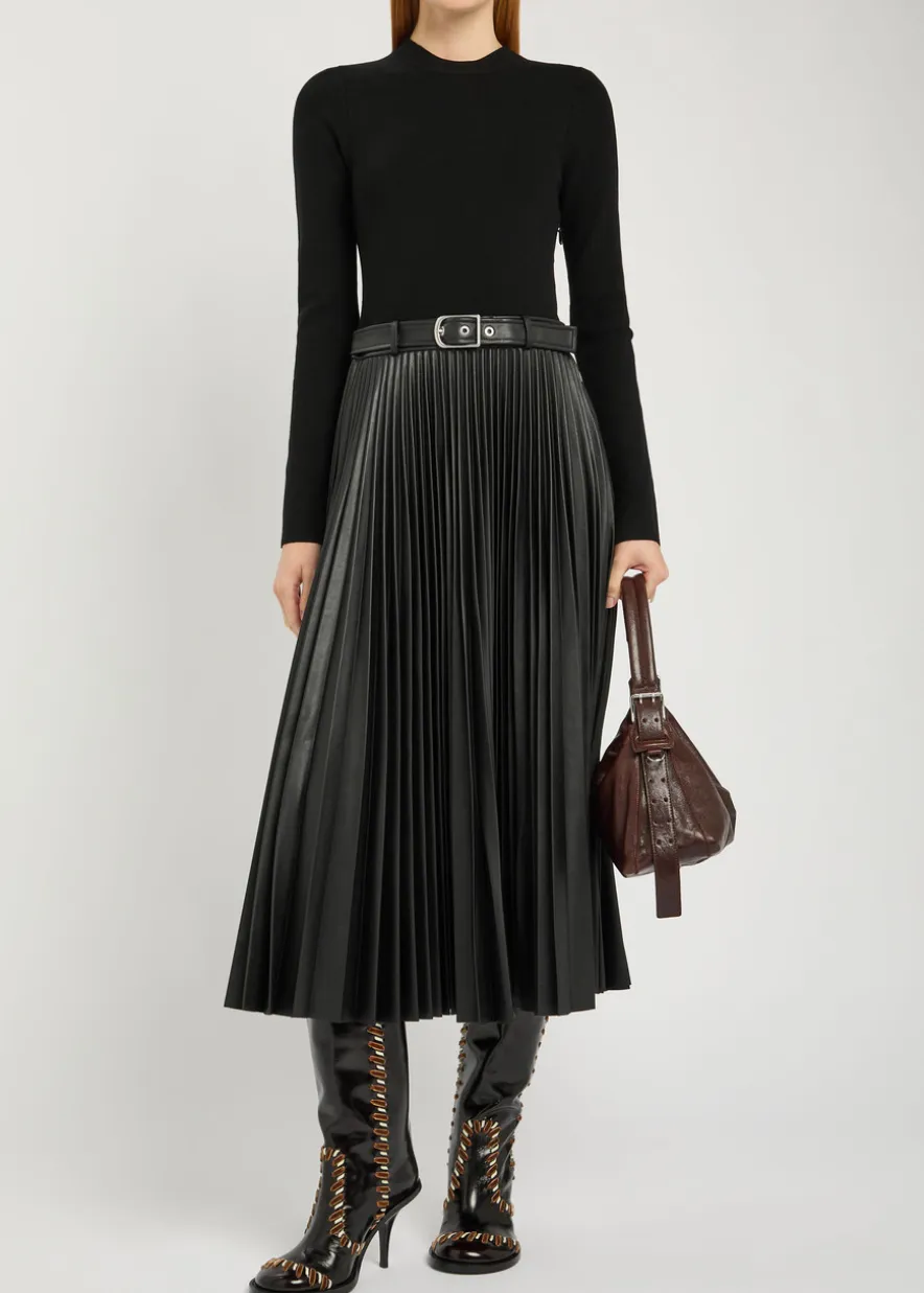 Abilene belted knit and faux leather midi dress