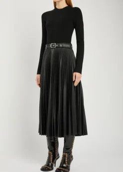 Abilene belted knit and faux leather midi dress