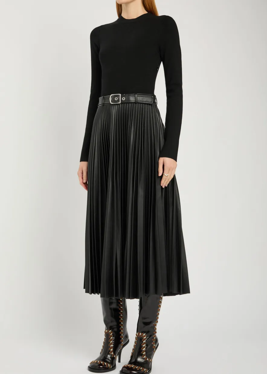 Abilene belted knit and faux leather midi dress