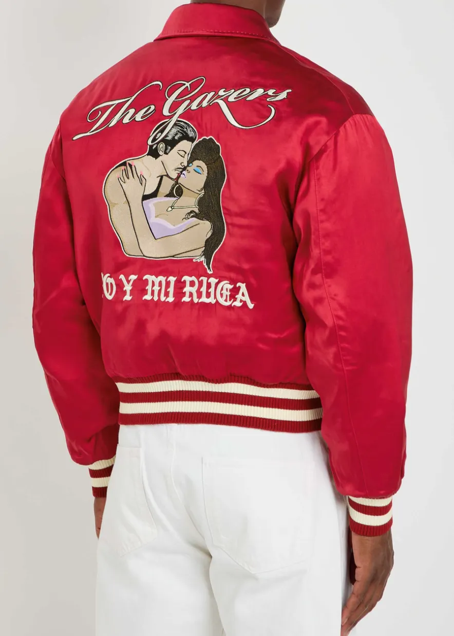 Aces embroidered satin bomber jacket