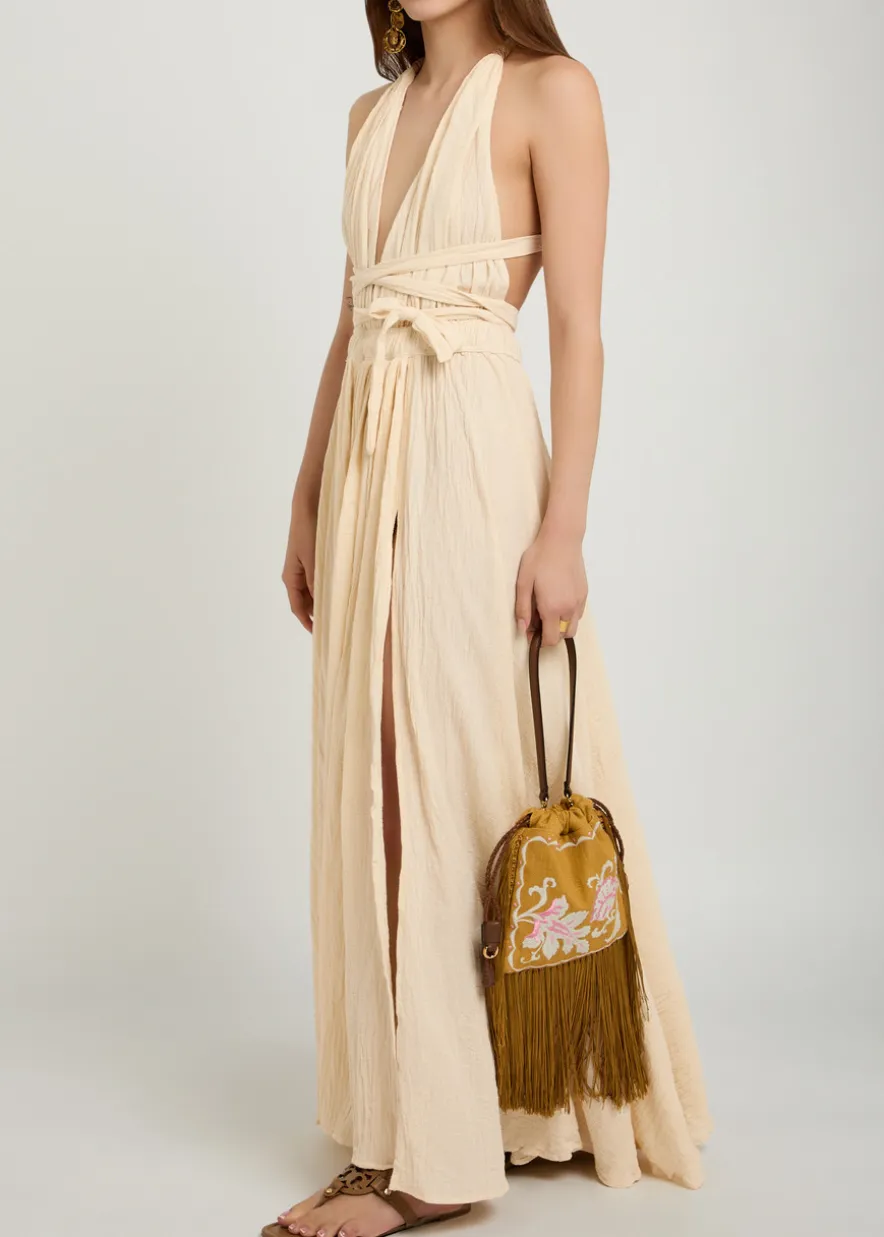 Adjustable tie halterneck cotton-blend maxi dress