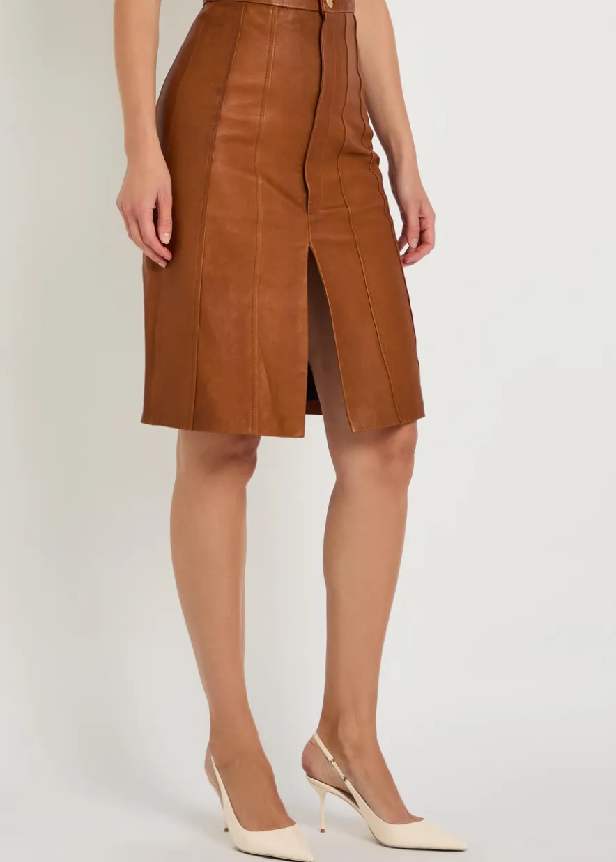 Alexandra corset-effect leather knee-length skirt