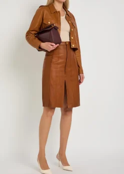 Alexandra corset-effect leather knee-length skirt