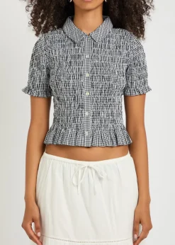Alton smocked gingham cotton-poplin shirt