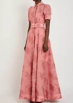 Annette belted floral-jacquard cloqué gown