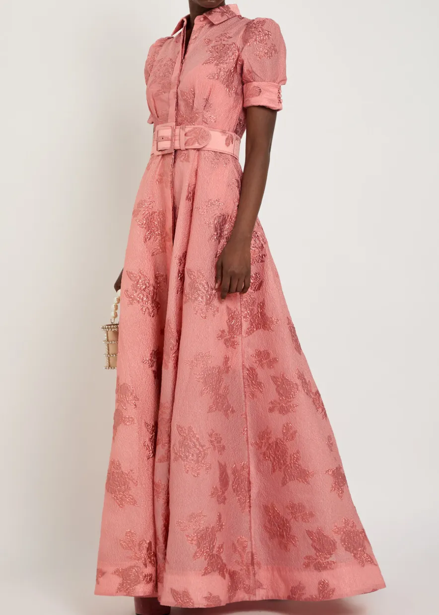 Annette belted floral-jacquard cloqué gown