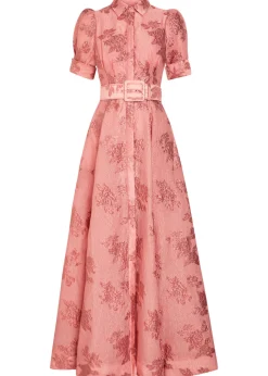 Annette belted floral-jacquard cloqué gown