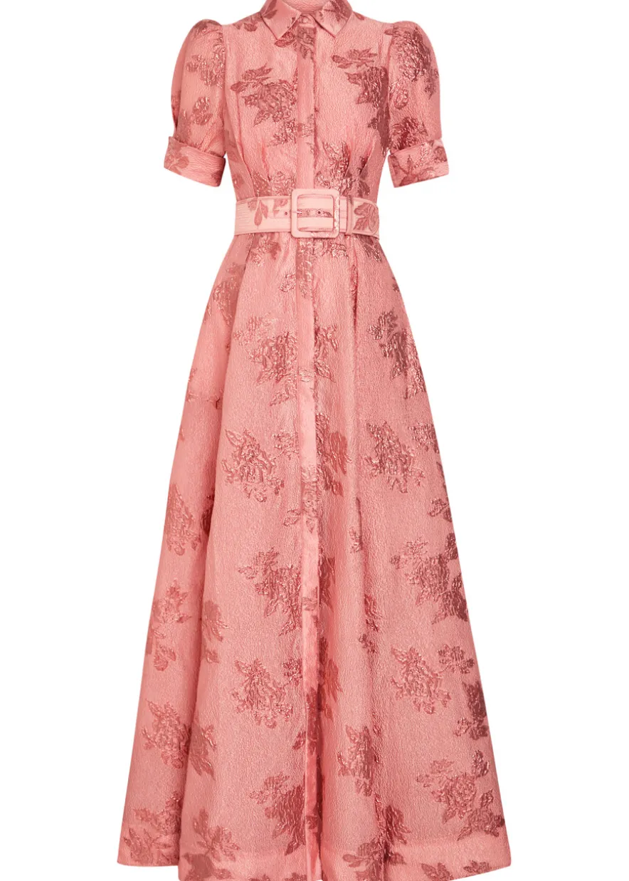 Annette belted floral-jacquard cloqué gown
