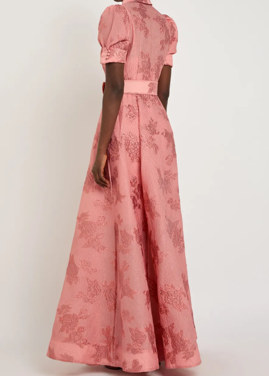Annette belted floral-jacquard cloqué gown