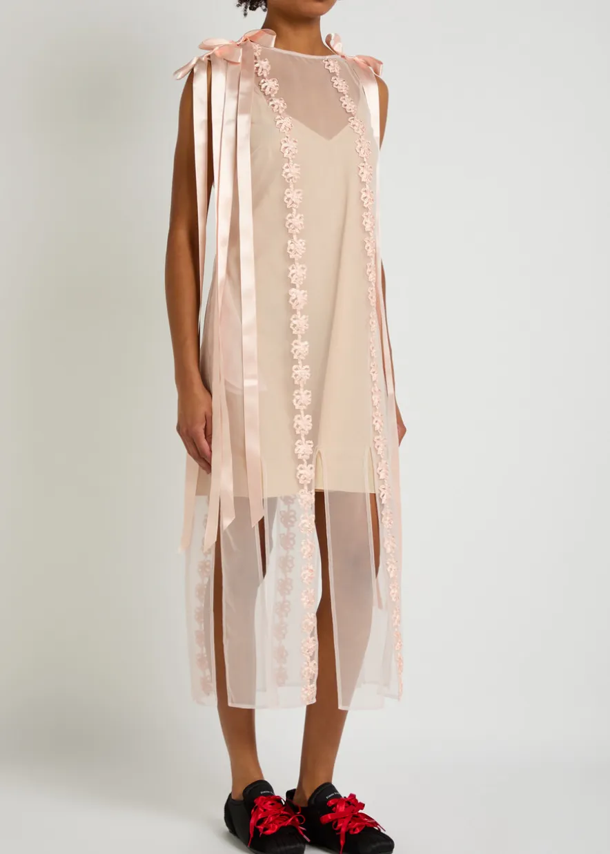 Appliquéd sheer tulle midi dress