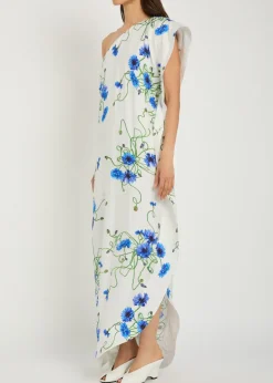 Asymmetric floral-print satin maxi dress