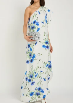 Asymmetric floral-print satin maxi dress