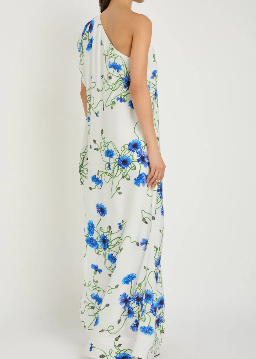 Asymmetric floral-print satin maxi dress