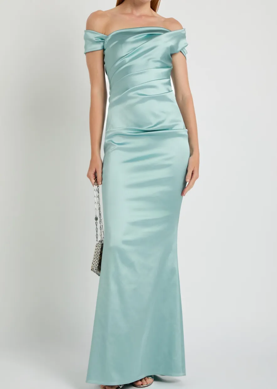 Asymmetric off-the-shoulder satin gown