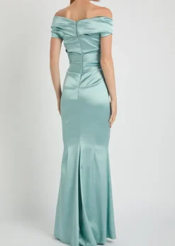 Asymmetric off-the-shoulder satin gown