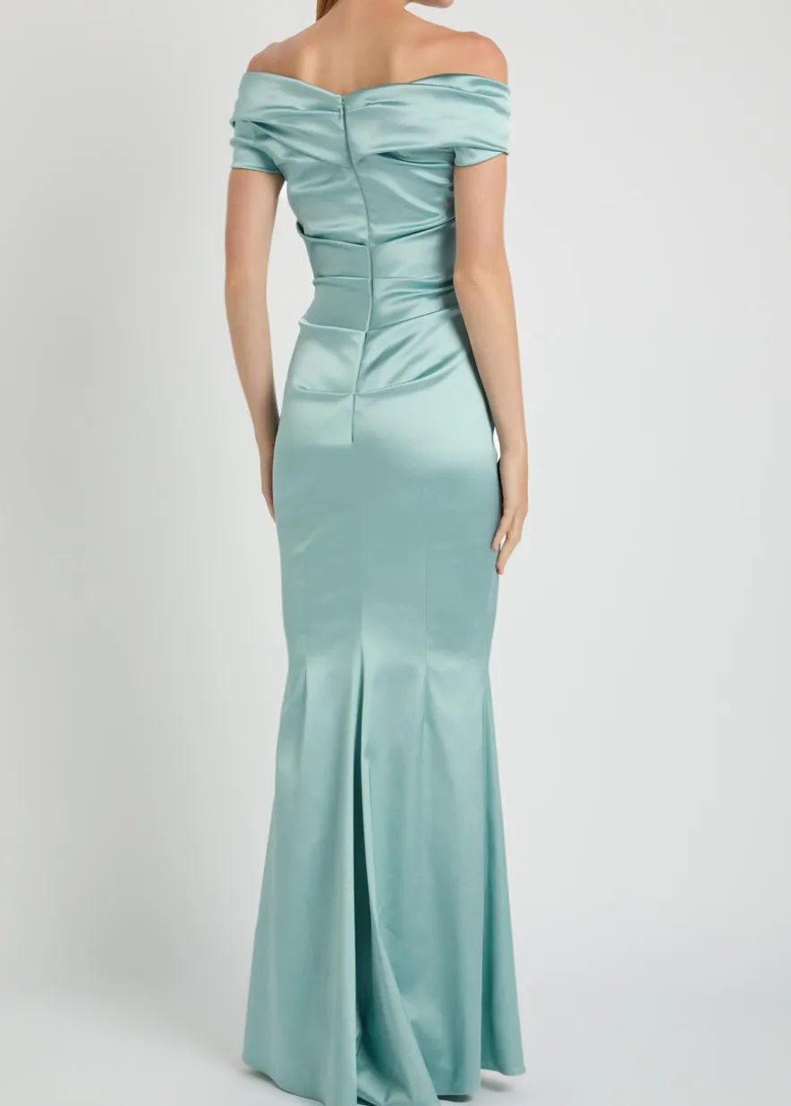 Asymmetric off-the-shoulder satin gown