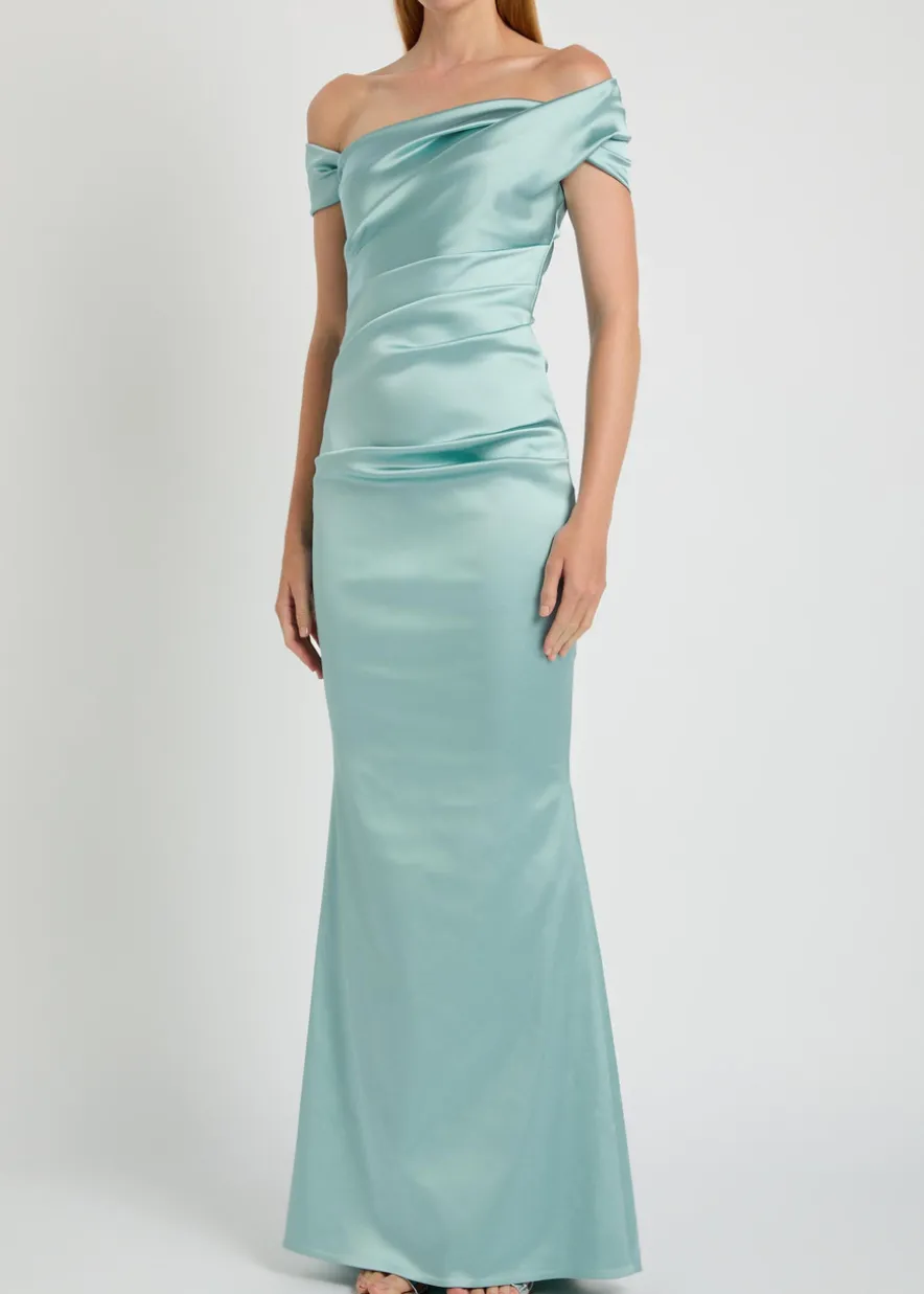 Asymmetric off-the-shoulder satin gown