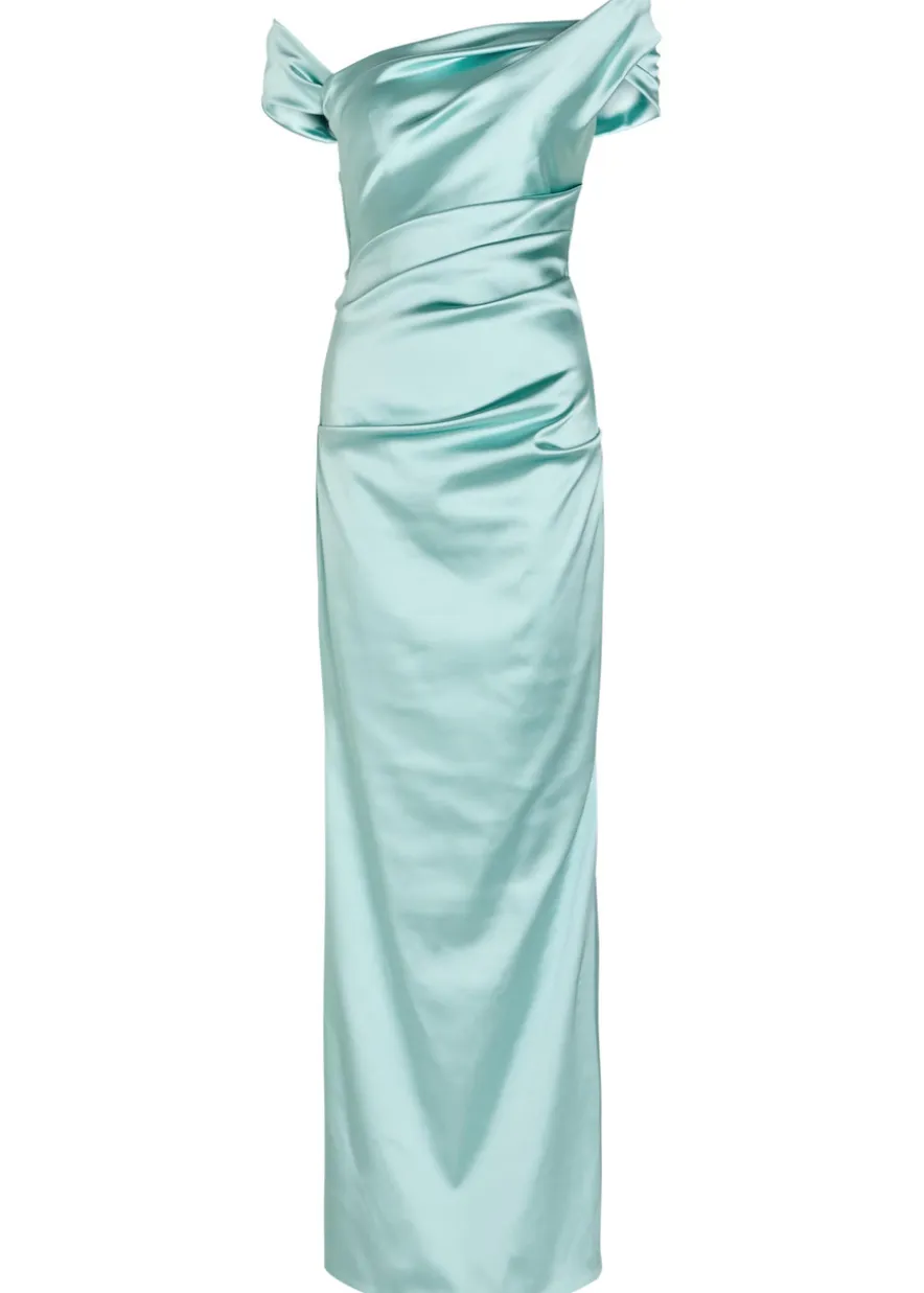 Asymmetric off-the-shoulder satin gown