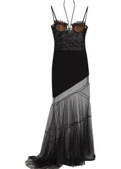 Asymmetric panelled mesh maxi dress