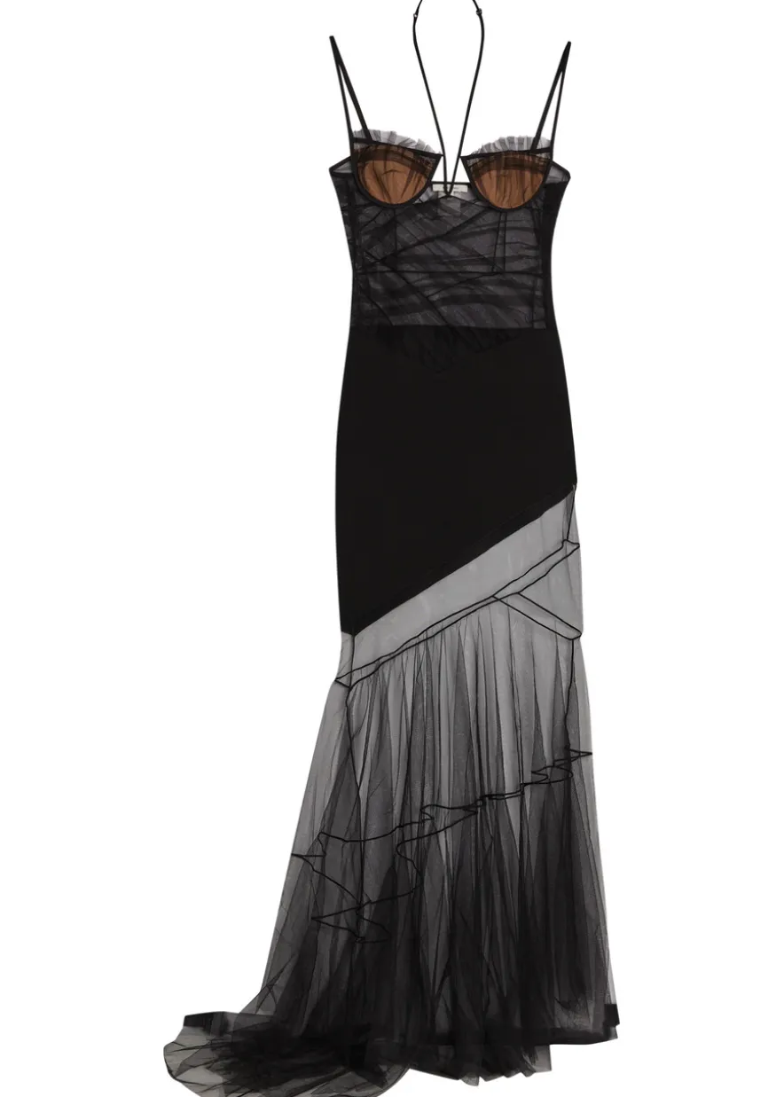 Asymmetric panelled mesh maxi dress