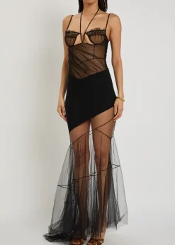 Asymmetric panelled mesh maxi dress