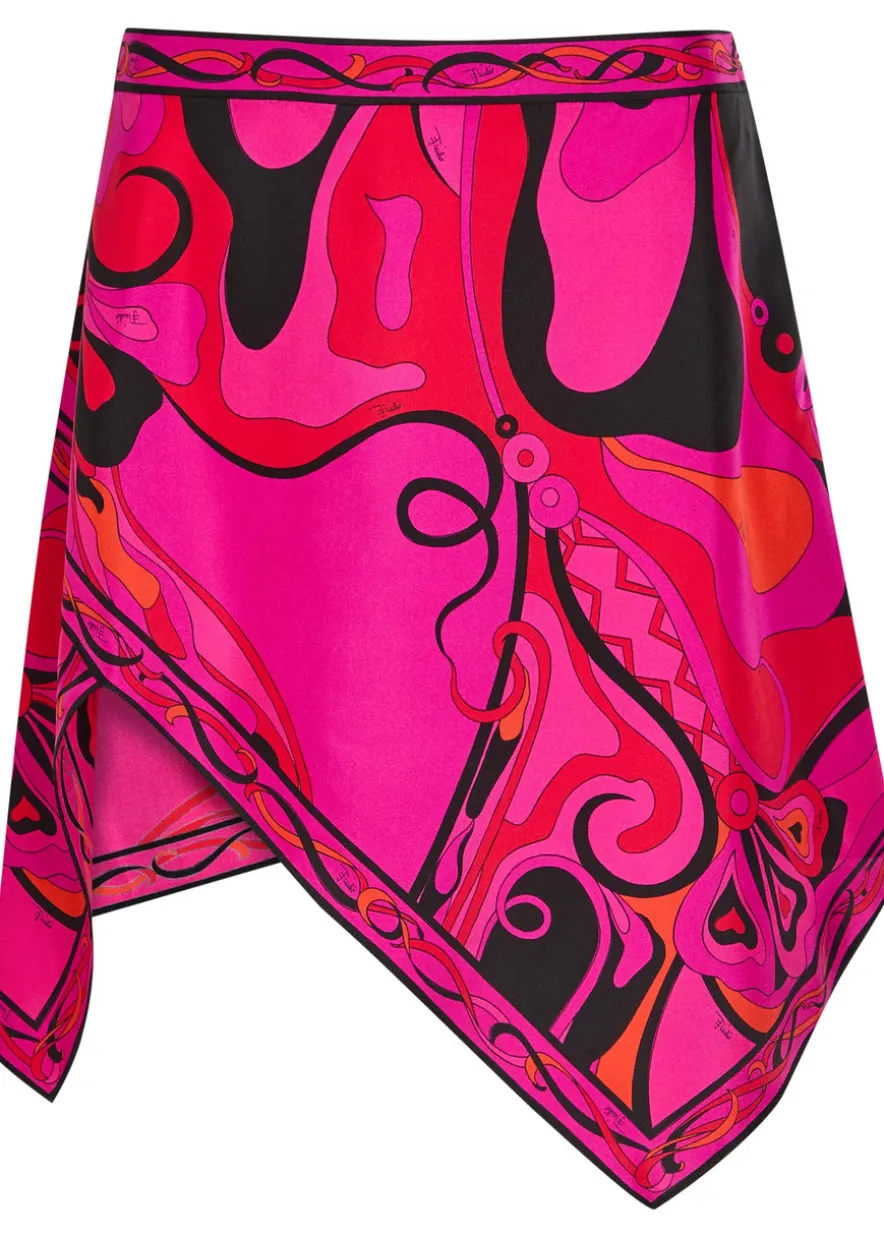 Asymmetric printed silk mini skirt