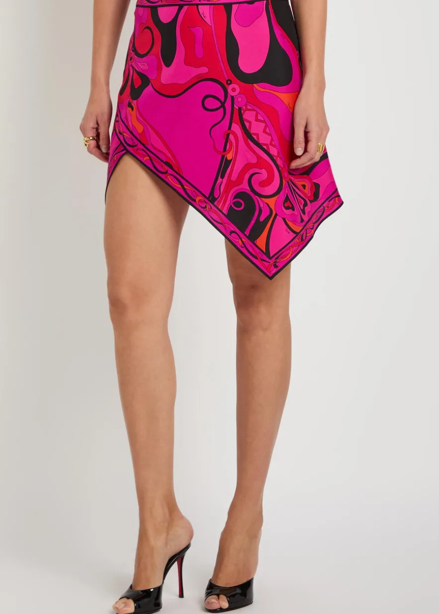 Asymmetric printed silk mini skirt