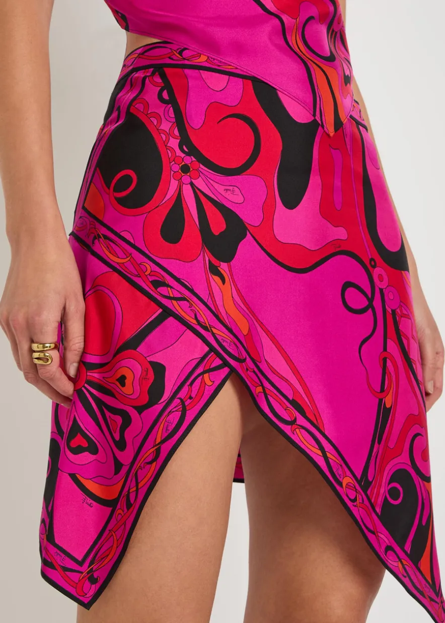 Asymmetric printed silk mini skirt