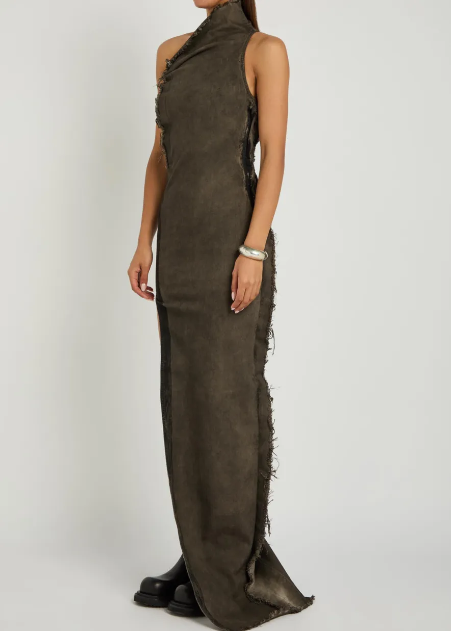 Athena asymmetric distressed denim gown