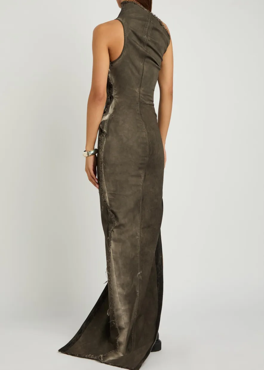 Athena asymmetric distressed denim gown