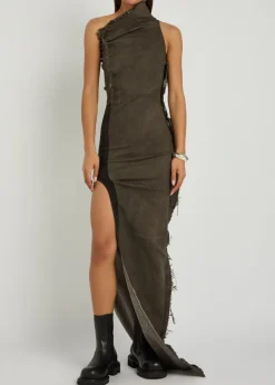 Athena asymmetric distressed denim gown