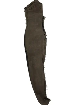 Athena asymmetric distressed denim gown