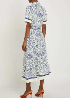 Audria printed belted linen-blend midi shirt dress