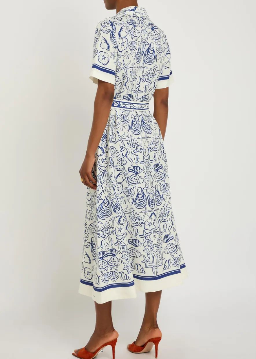 Audria printed belted linen-blend midi shirt dress