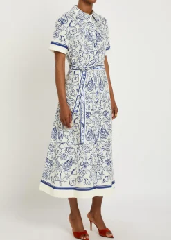 Audria printed belted linen-blend midi shirt dress