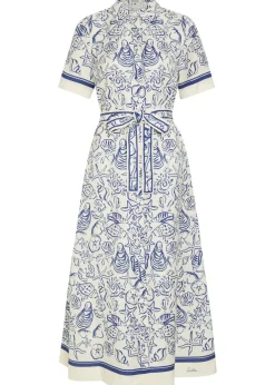 Audria printed belted linen-blend midi shirt dress