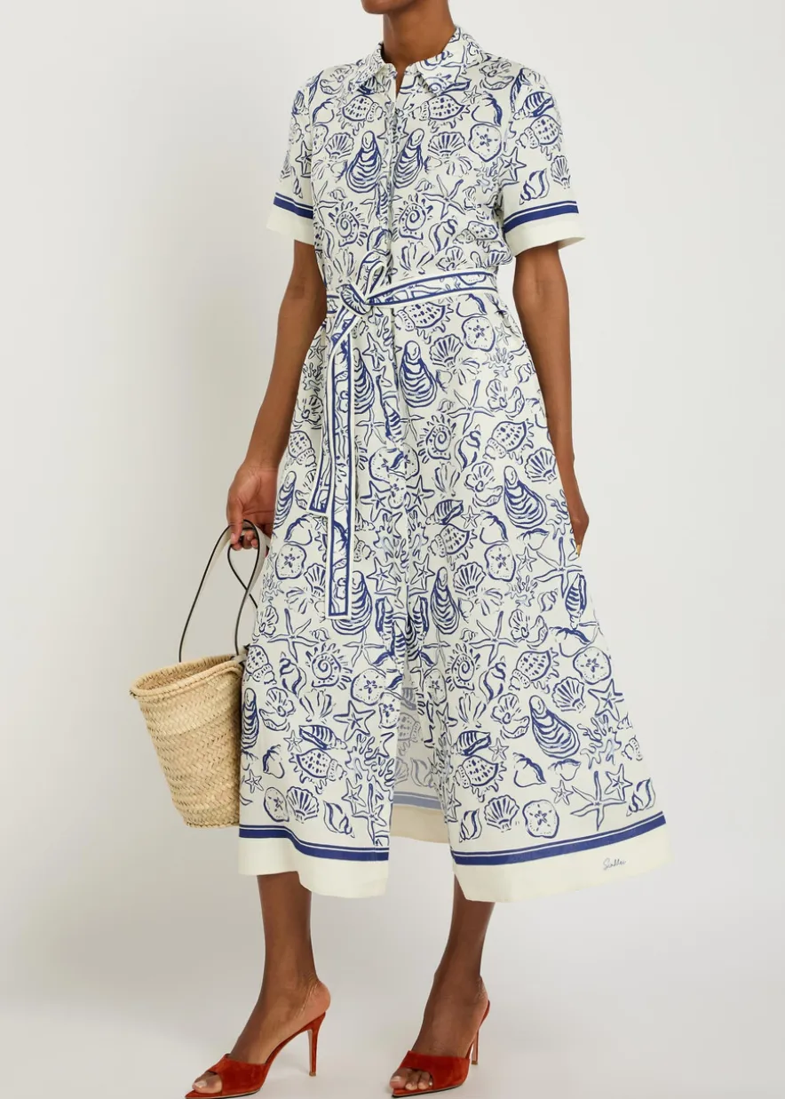Audria printed belted linen-blend midi shirt dress