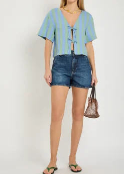 Ava striped tie-front linen blouse