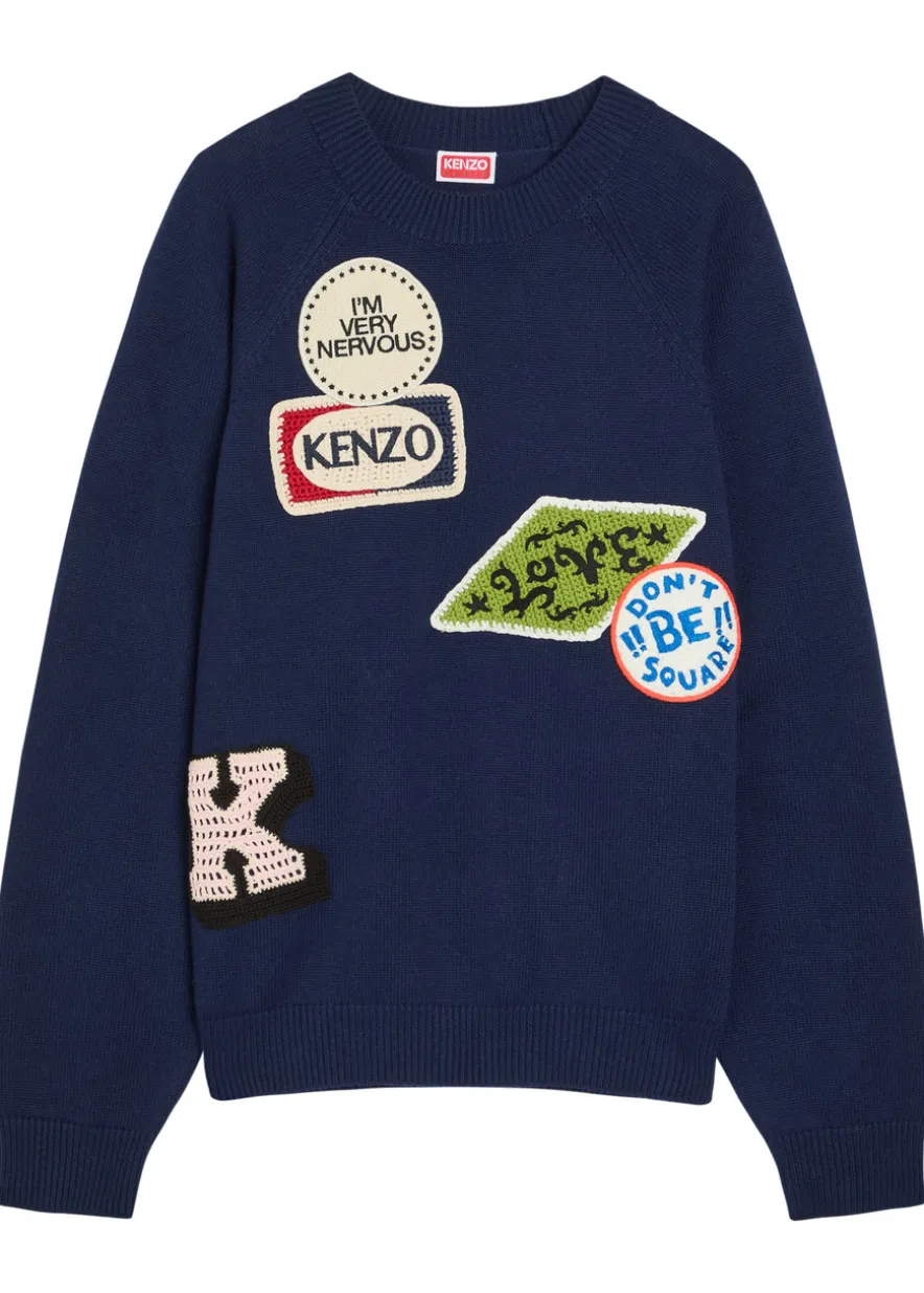 Badges appliquéd cotton and wool-blend jumper