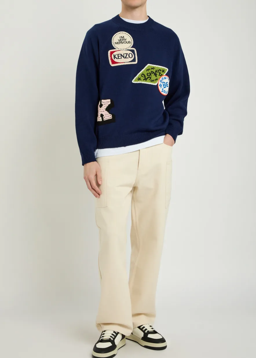 Badges appliquéd cotton and wool-blend jumper