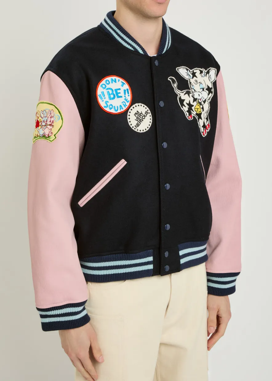 Badges appliquéd wool varsity jacket