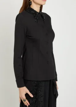 Bead embellished collar jersey shirt
