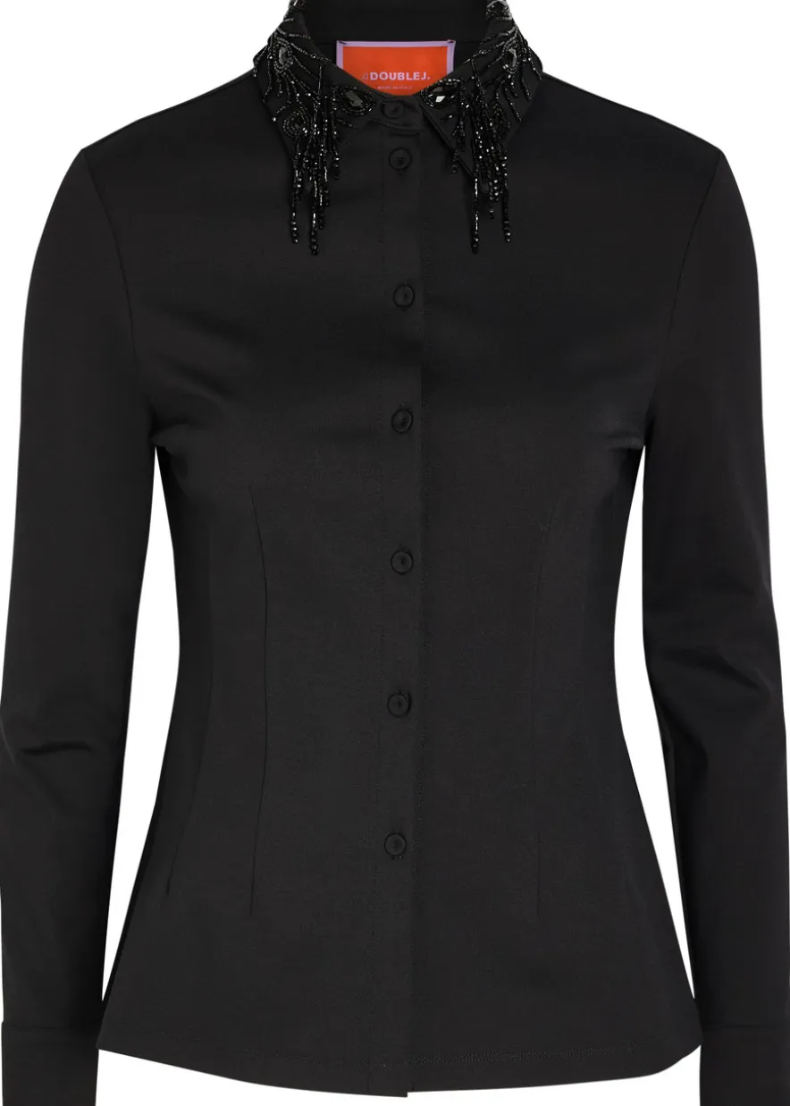 Bead embellished collar jersey shirt