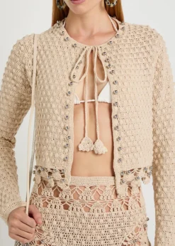 Bead-embellished crochet cotton cardigan