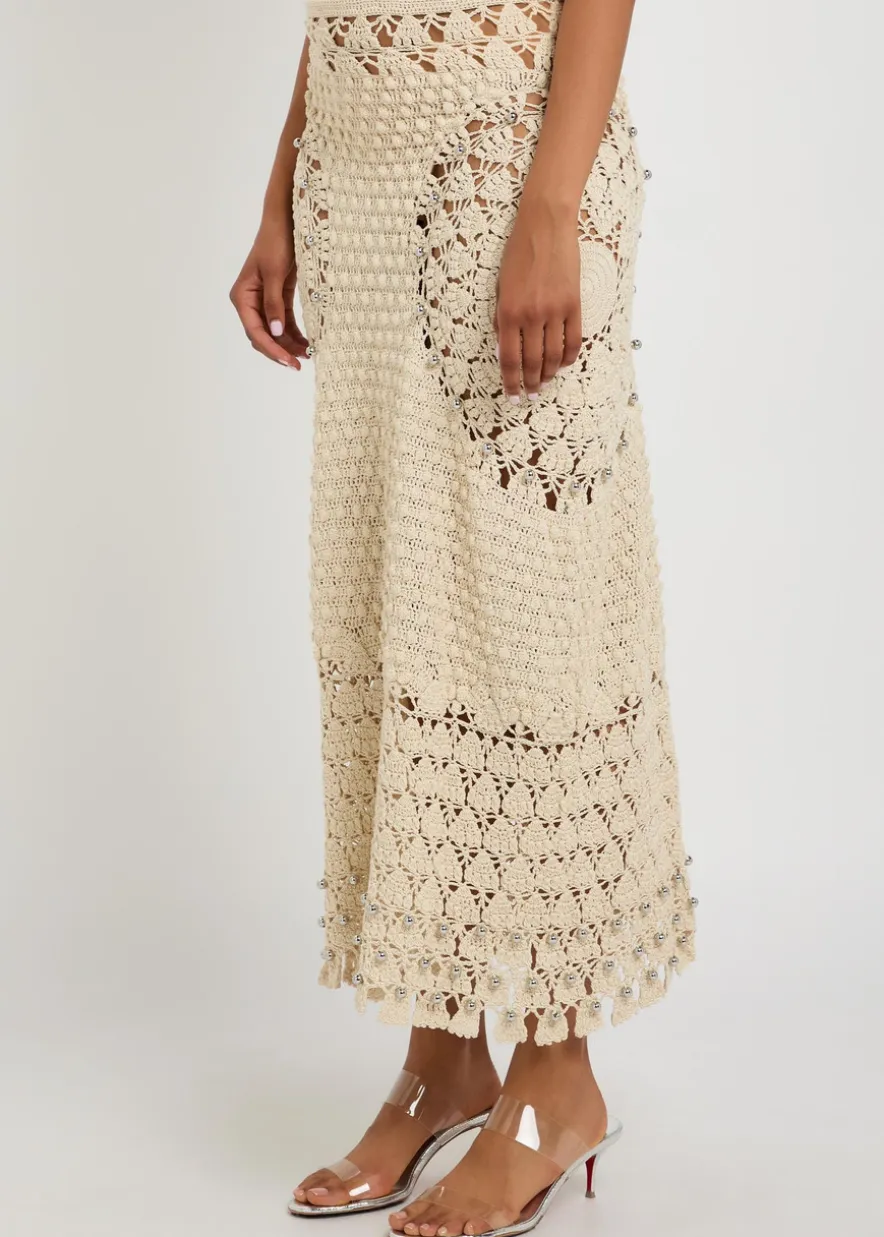 Bead-embellished crochet cotton midi skirt