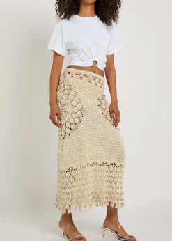 Bead-embellished crochet cotton midi skirt