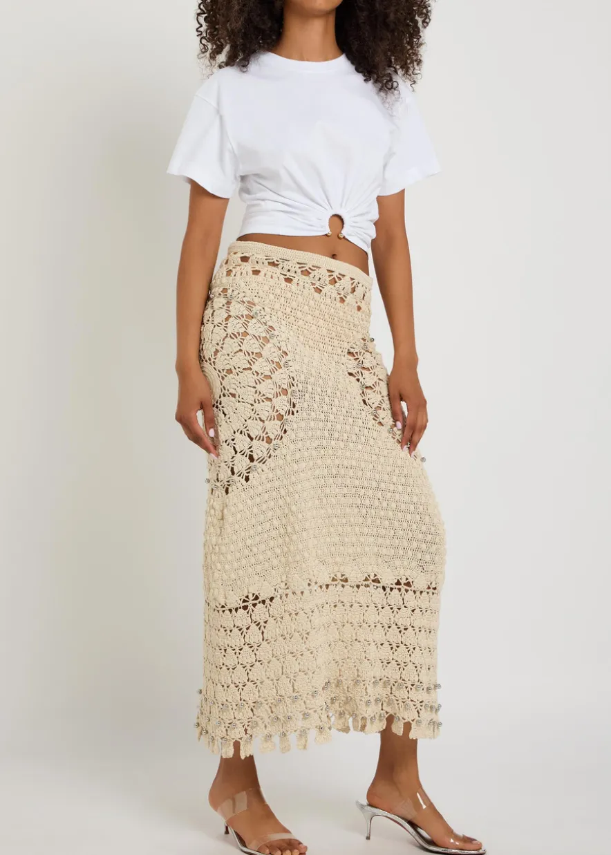 Bead-embellished crochet cotton midi skirt